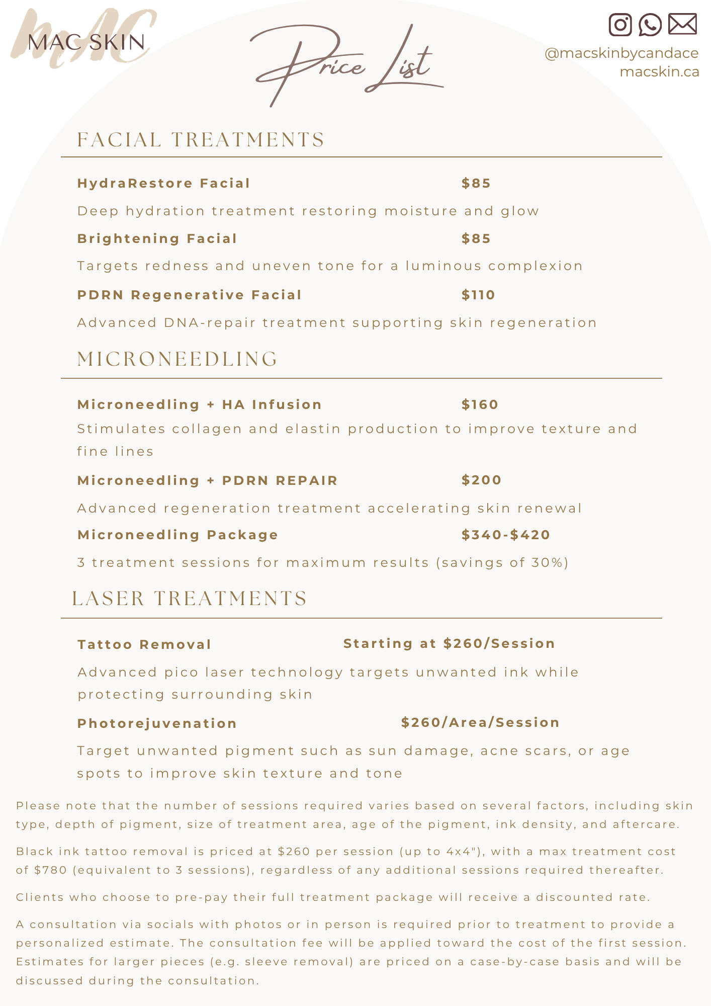 List of Services and Prices